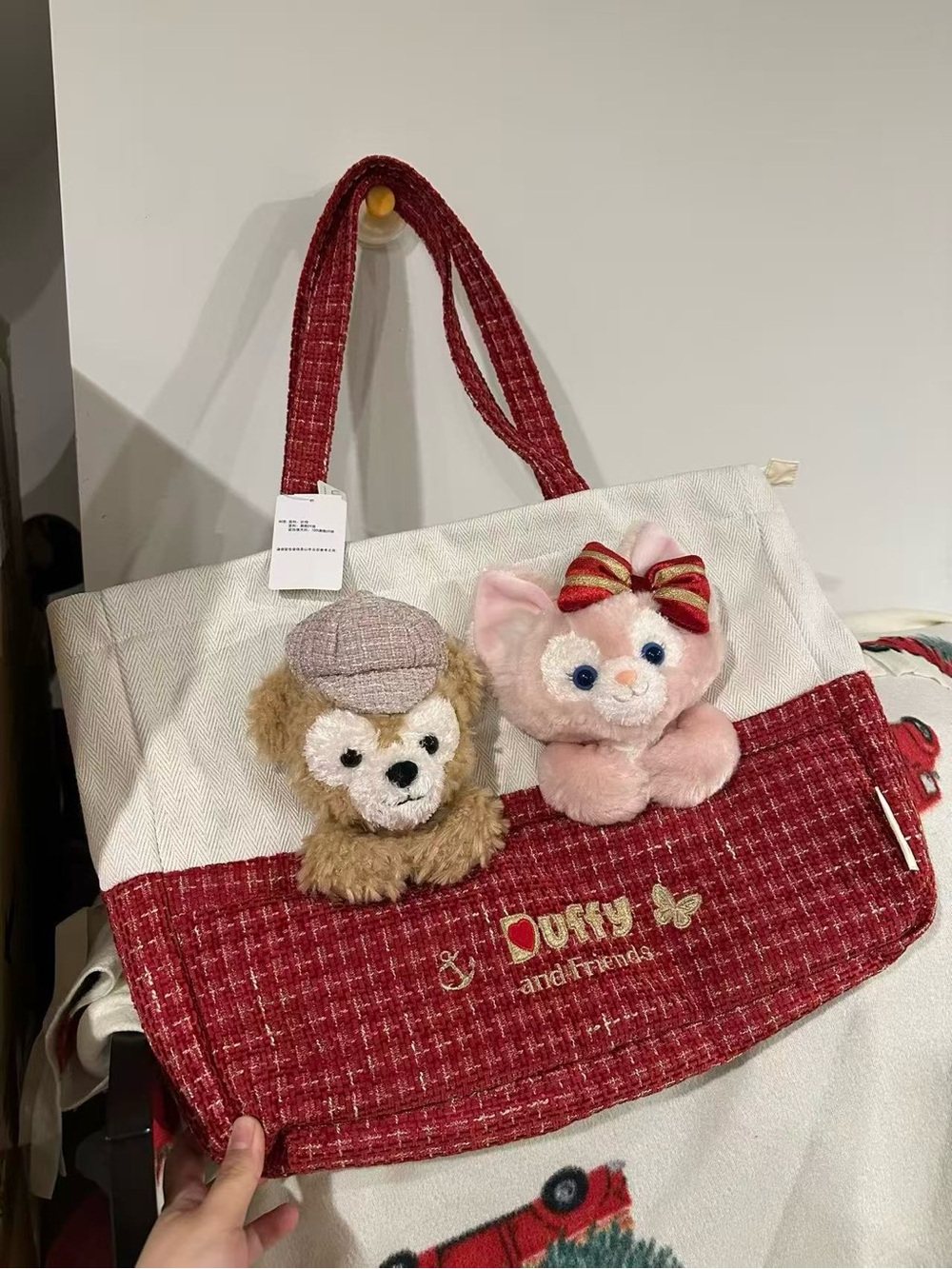 Disney Red and White Duffy & Friends Tweed Shoulder Tote with Plush Charms